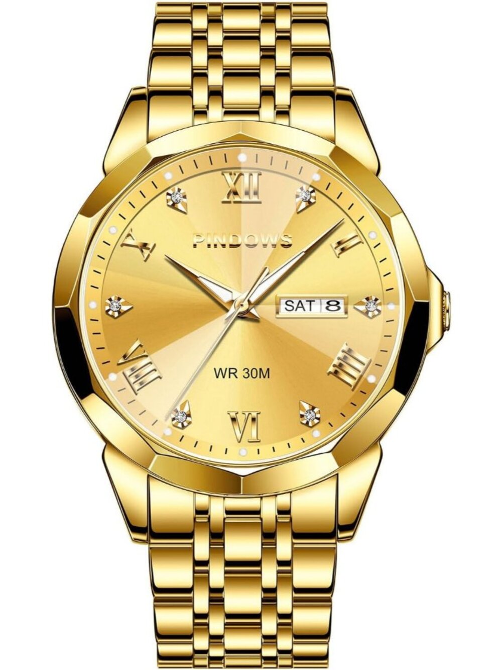 Men's Full Gold Classic Quartz Watch Stainless Steel Diamond Dial Wrist Watch